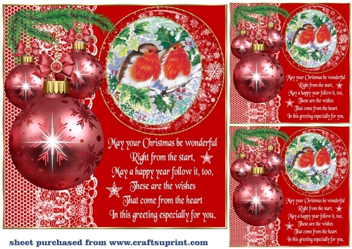 3 Red Christmas robin bauble card front/toppers(value sheet) 7