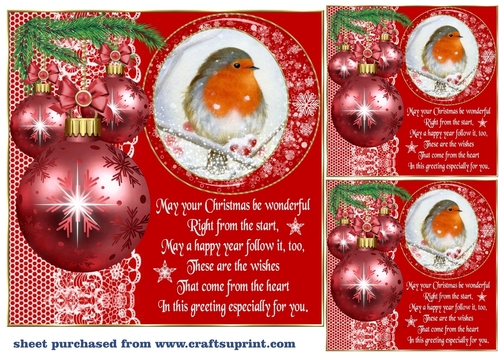 3 Red Christmas robin bauble card front/toppers(value sheet) 8