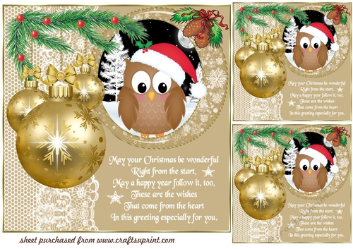 3 Gold Christmas woodland animal card front/toppers(value sheet) 3