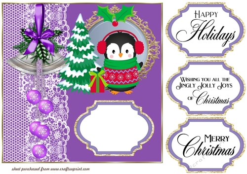 Purple Christmas penguin card front 2