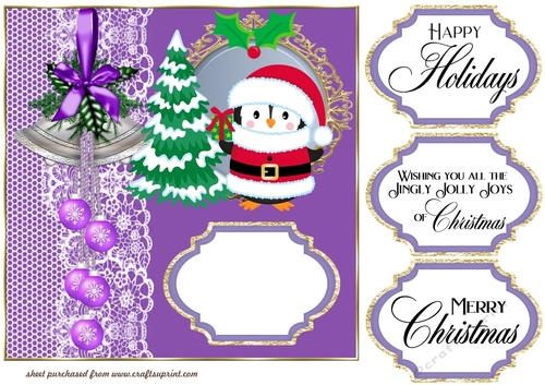 Purple Father Christmas penguin card front 3
