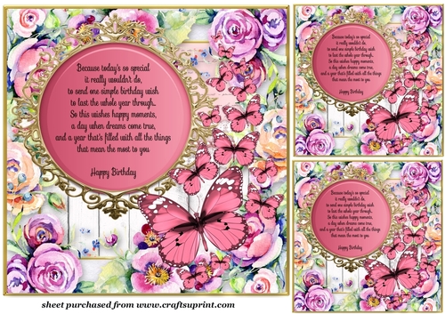 3 Pink floral butterfly card fronts/toppers(value sheet) 1