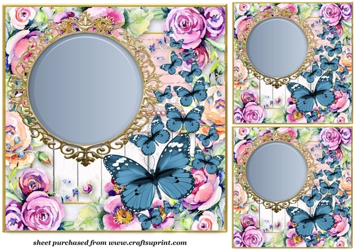 3 Blue floral butterfly card front/toppers(value sheet)