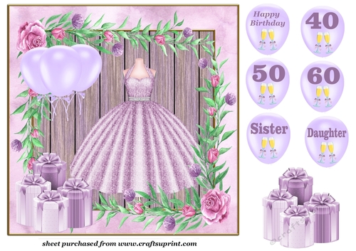 Lilac Birthday sparkly dress card front