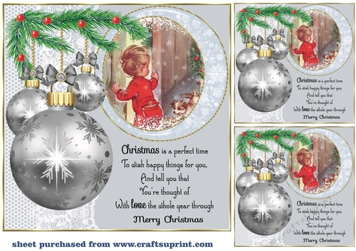 3 Silver Christmas bauble scene card front/toppers 2