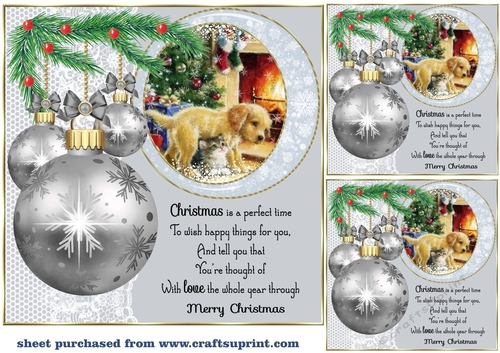 3 Silver Christmas bauble scene card front/toppers 3