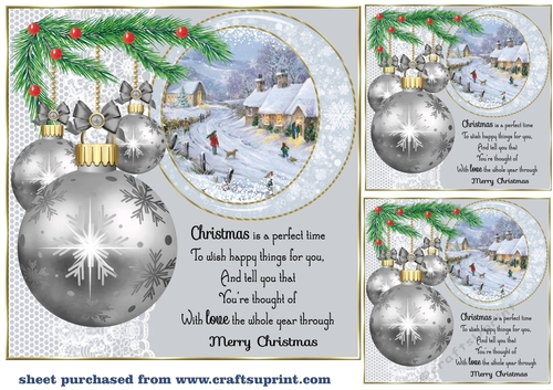 3 Silver Christmas bauble scene card front/toppers 7