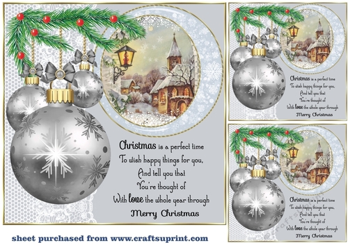 3 Silver Christmas bauble scene card front/toppers 8