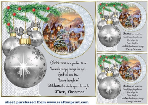 3 Silver Christmas bauble scene card front/toppers 9