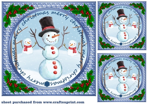 3 Blue Christmas snowman card front/toppers(value set) 3