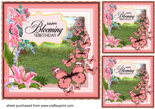 3 Floral Happy blooming Birthday card front/toppers