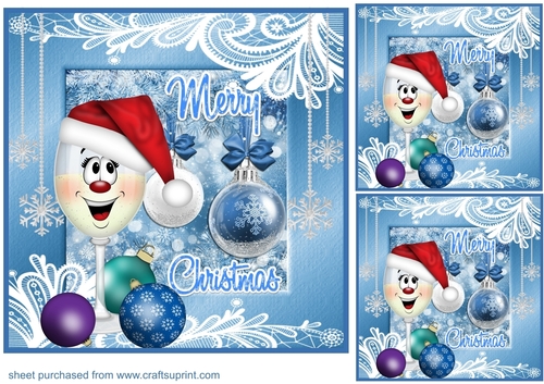 3 Blue Merry Christmas white wine and baubles card front/toppers