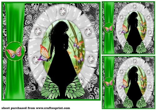 3 Green butterfly girl silhouette card front/toppers 