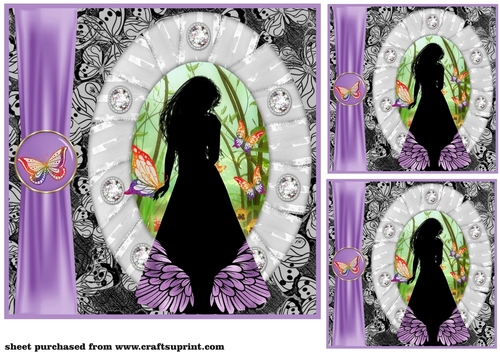 3 Lilac butterfly girl silhouette card front/toppers 