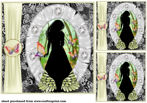 3 Pale Green butterfly girl silhouette card front/toppers 