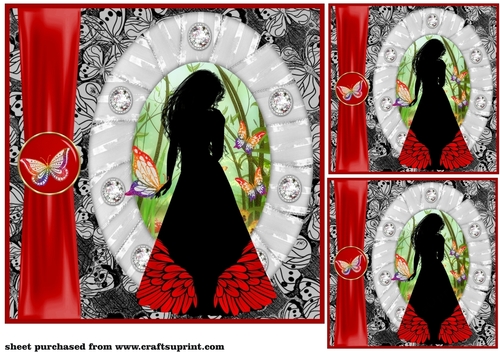 3 Red butterfly girl silhouette card front/toppers 