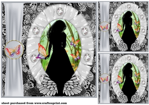 3 Silver butterfly girl silhouette card front/toppers 