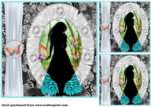 3 Teal butterfly girl silhouette card front/toppers 