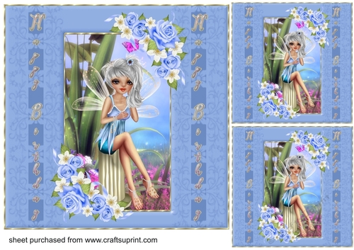 3 Blue floral little fairy card front/toppers 2