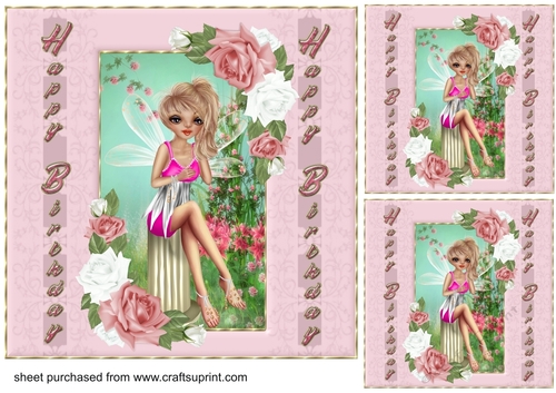 3 Pink floral little fairy card front/toppers 1