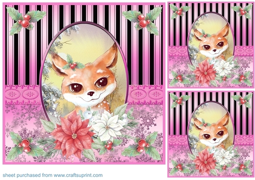 3 Pink Christmas fox card front/toppers