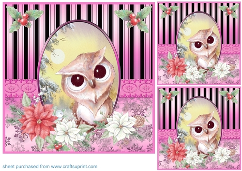 3 Pink Christmas owl card front/toppers 2