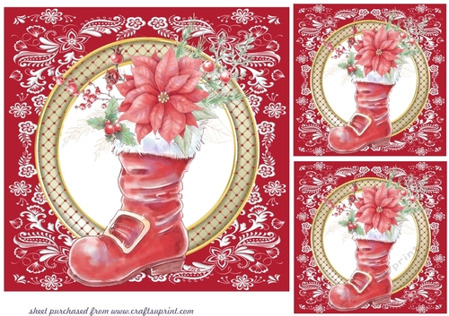 3 Red floral Santa boot card front/toppers