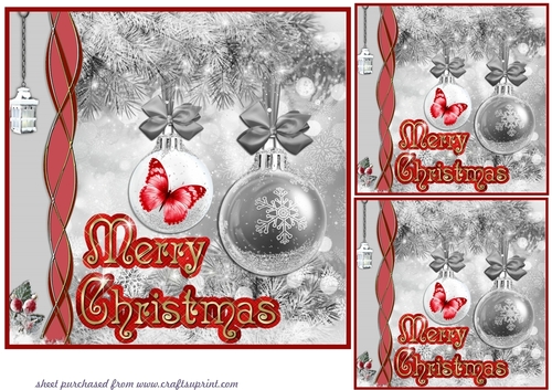 3 Red/Silver/Gold Christmas bauble with side border card front/toppers