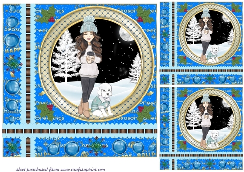 3 Brunette girl with puppy Christmas card front/toppers