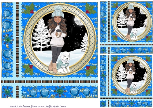3 Dark skinned toned girl with puppy Christmas card front/toppers