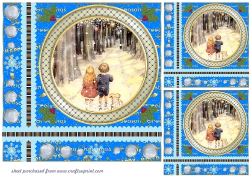 3 Blue Christmas word base vintage scene card front/toppers 3