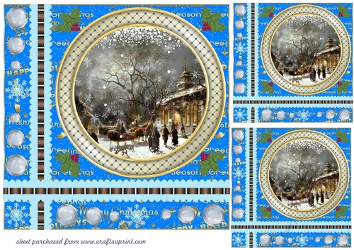 3 Blue Christmas word base vintage scene card front/toppers 5