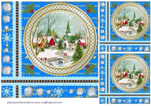 3 Blue Christmas word base vintage scene card front/toppers 6