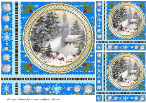 3 Blue Christmas word base vintage scene card front/toppers 9