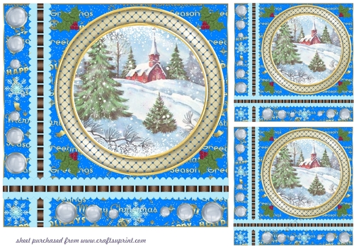 3 Blue Christmas word base vintage scene card front/toppers 10