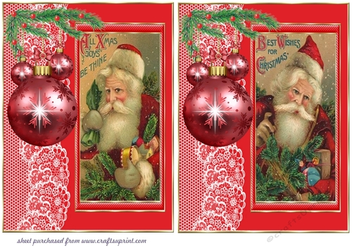 2 Red vintage Santa Claus with bauble side card front/Toppers 1