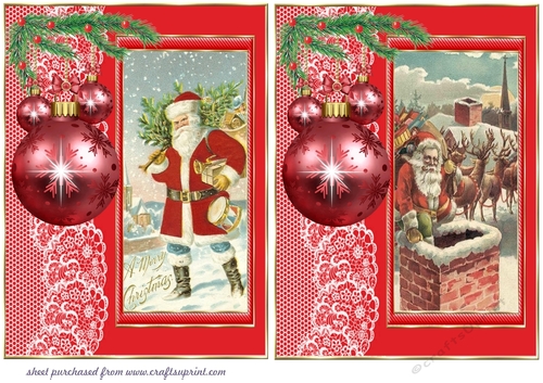 2 Red vintage Santa Claus with bauble side card front/Toppers 2