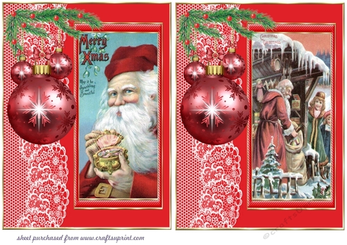 2 Red vintage Santa Claus with bauble side card front/Toppers 5