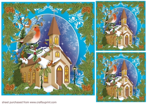 3 Blue Church and robin card front/toppers