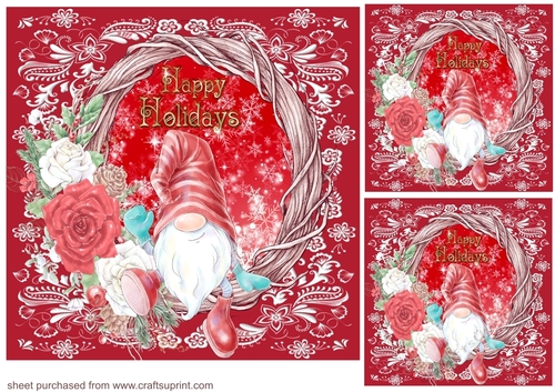3 Happy Holidays Christmas gnome card front/toppers