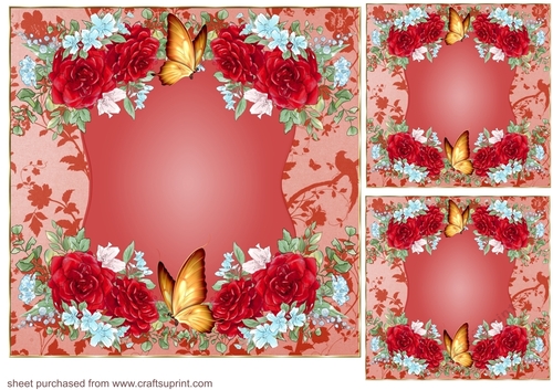3 Red rose and butterfly card fronts/toppers(blanks)
