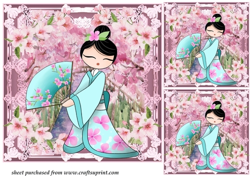 3 Pink Oriental lady card front/toppers 1