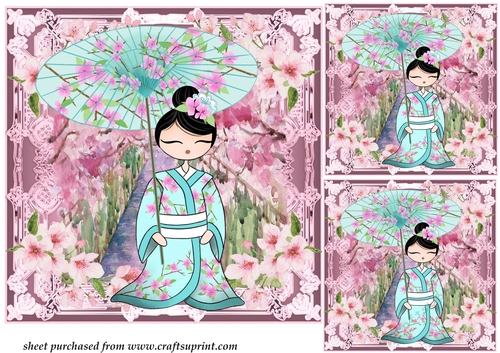 3 Pink Oriental lady card front/toppers 2