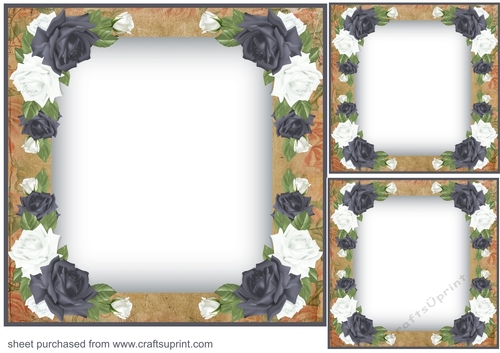 3 Charcoal and white rose card front/topper blanks 