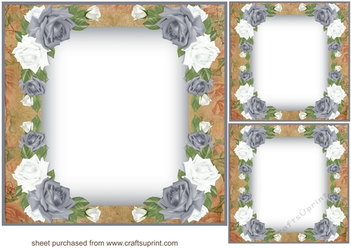 3 Grey and white rose card front/topper blanks 