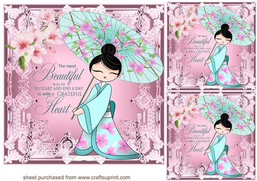 3 Pink Oriental lady card front/toppers with sentiment 1