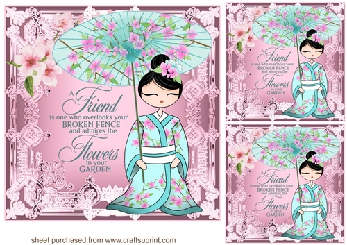 3 Pink Oriental lady card front/toppers with sentiment 2