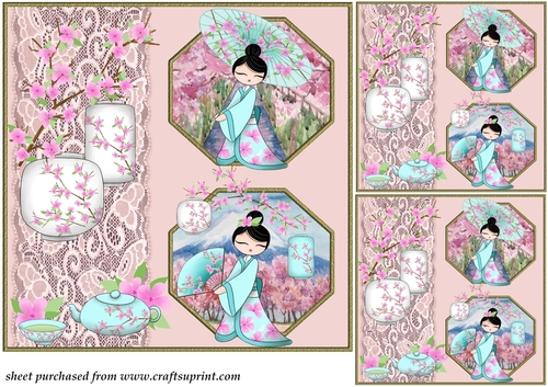3 Pink Oriental lady octogon cut out card front/toppers