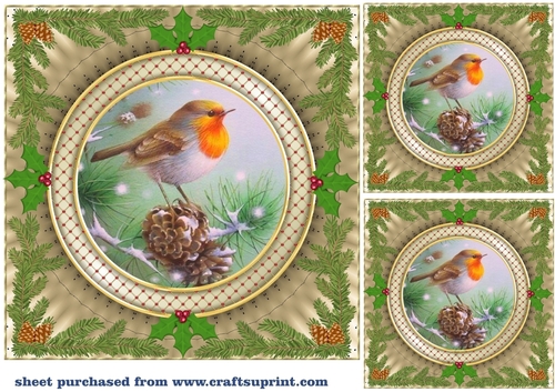 3 Gold Christmas robin card front/toppers 1