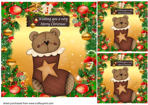 3 Christmas teddy in stocking card front/toppers